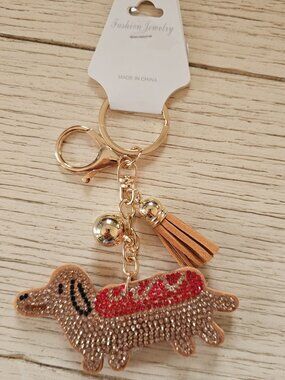 Dachshund Rhinestone Keychain Bag Charm Gold Tone Red Crystal NWT